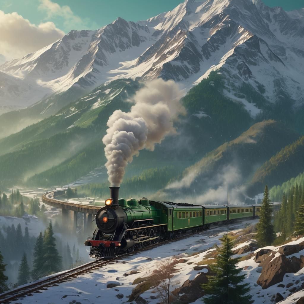Steam Train in Green Mountains: Bierstadt-Style Art