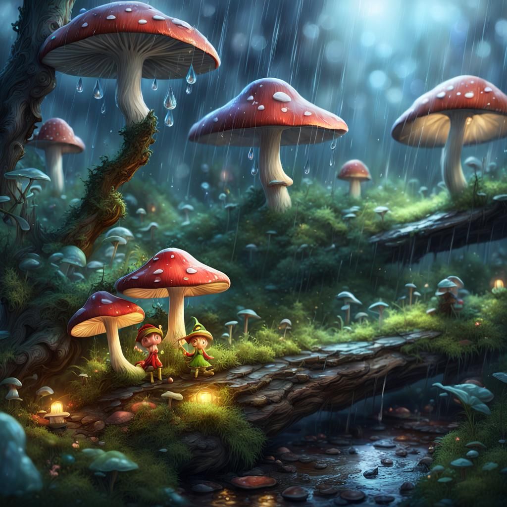 Enchanted Forest: Elf and Magic Mushroom in Rain