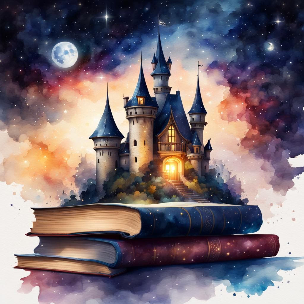 Mystical Castle Within Book Pages Watercolor Painting