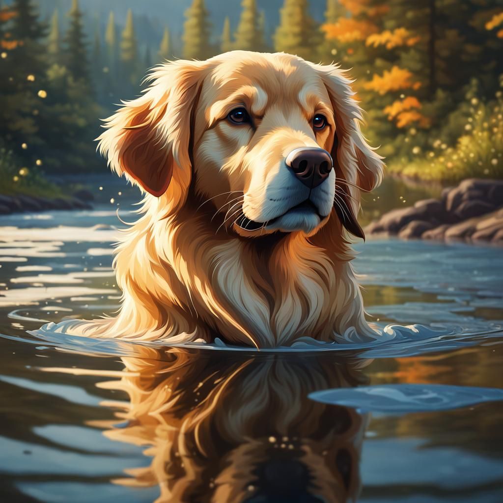 Golden Retriever Portrait, Hyperdetailed Digital Art