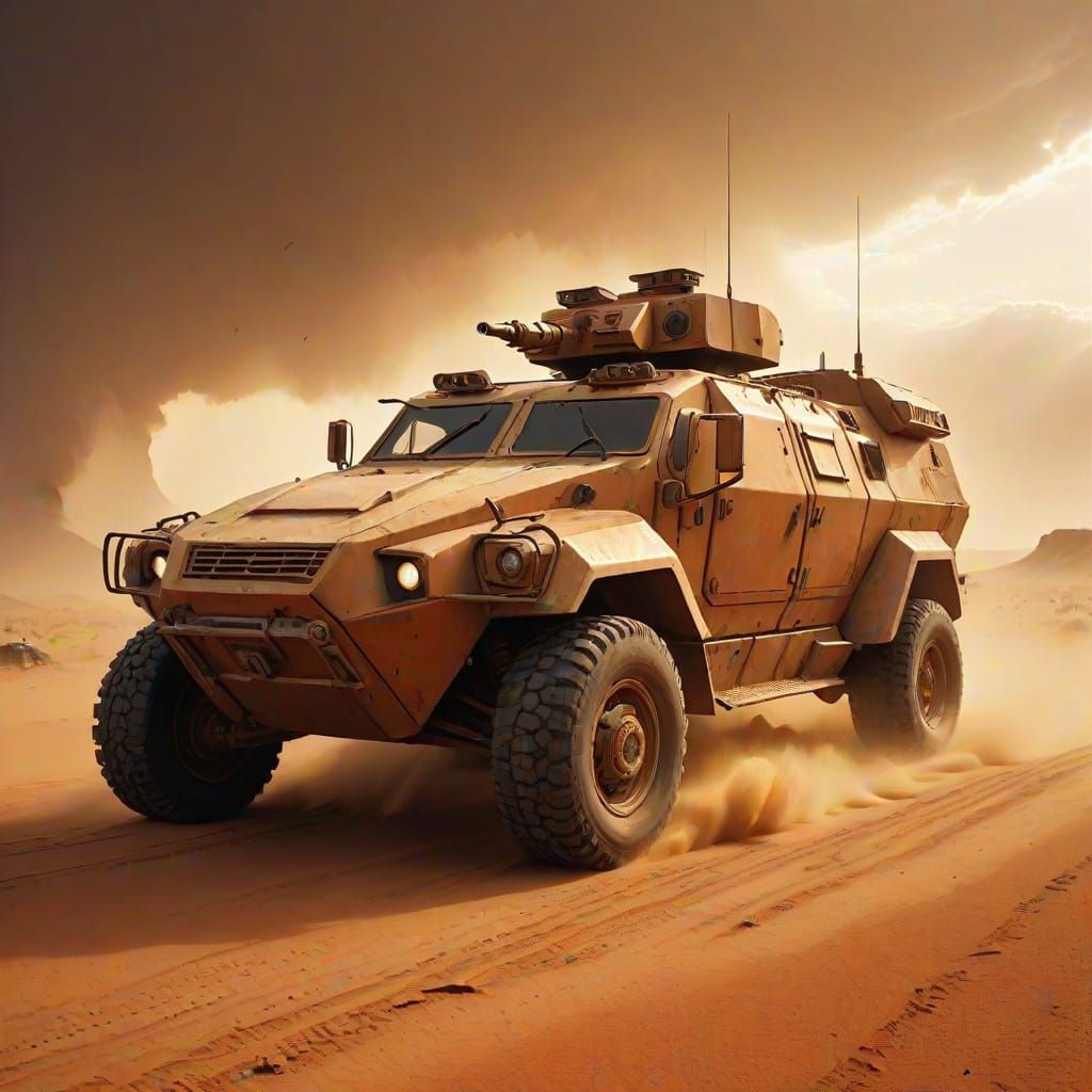 Gritty Armoured Car Charges into Golden Hour Storm