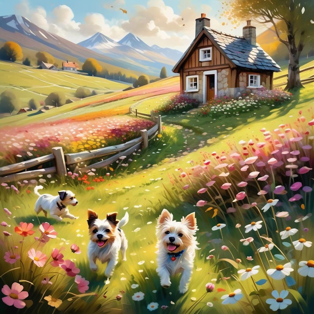 Painterly Mountain Meadow with Dogs Playing