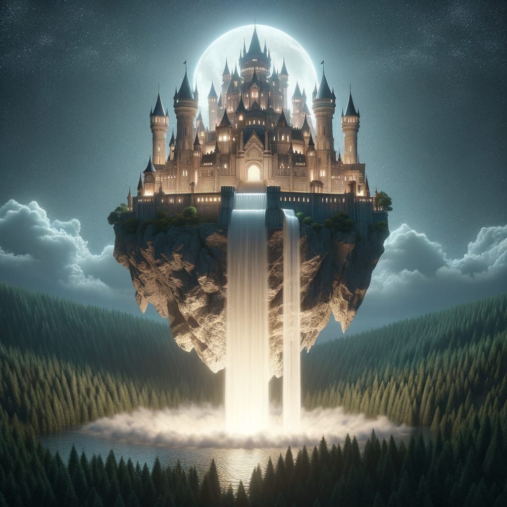 Floating Castle Connected by Magical Waterfall in Digital Ar...