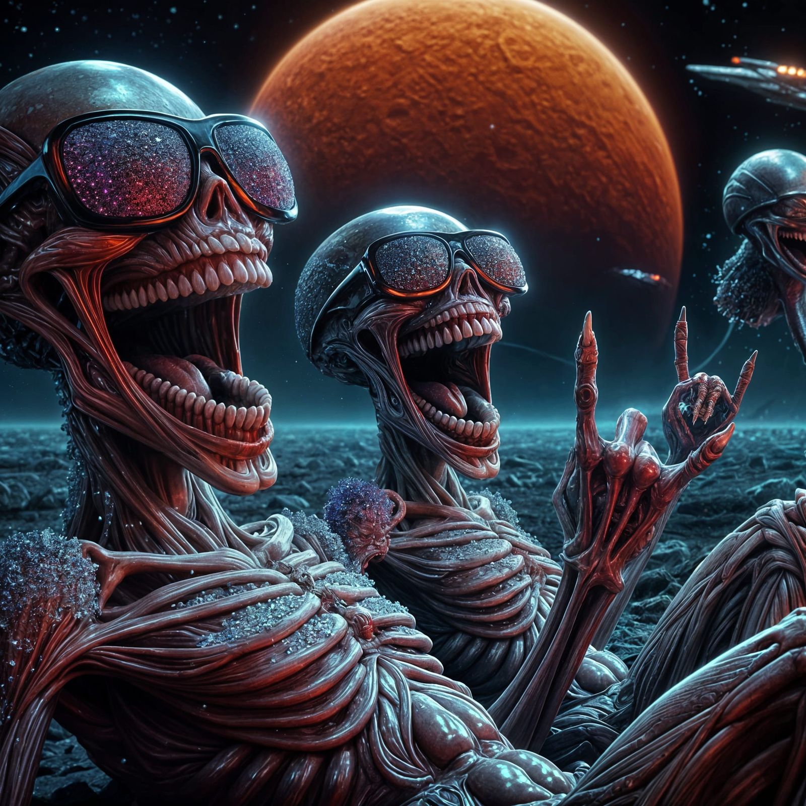 Extravagant Aliens Laughing Under a Red Moon