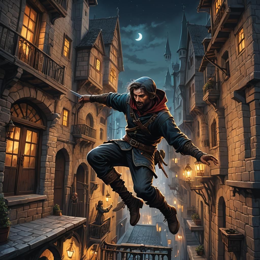 Rogue Assassin Leaps from Balcony at Night