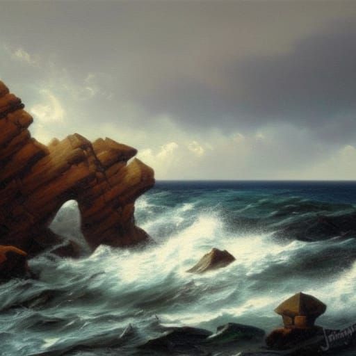Pirate Ship Wrecked on Rocky Shoreline Painting