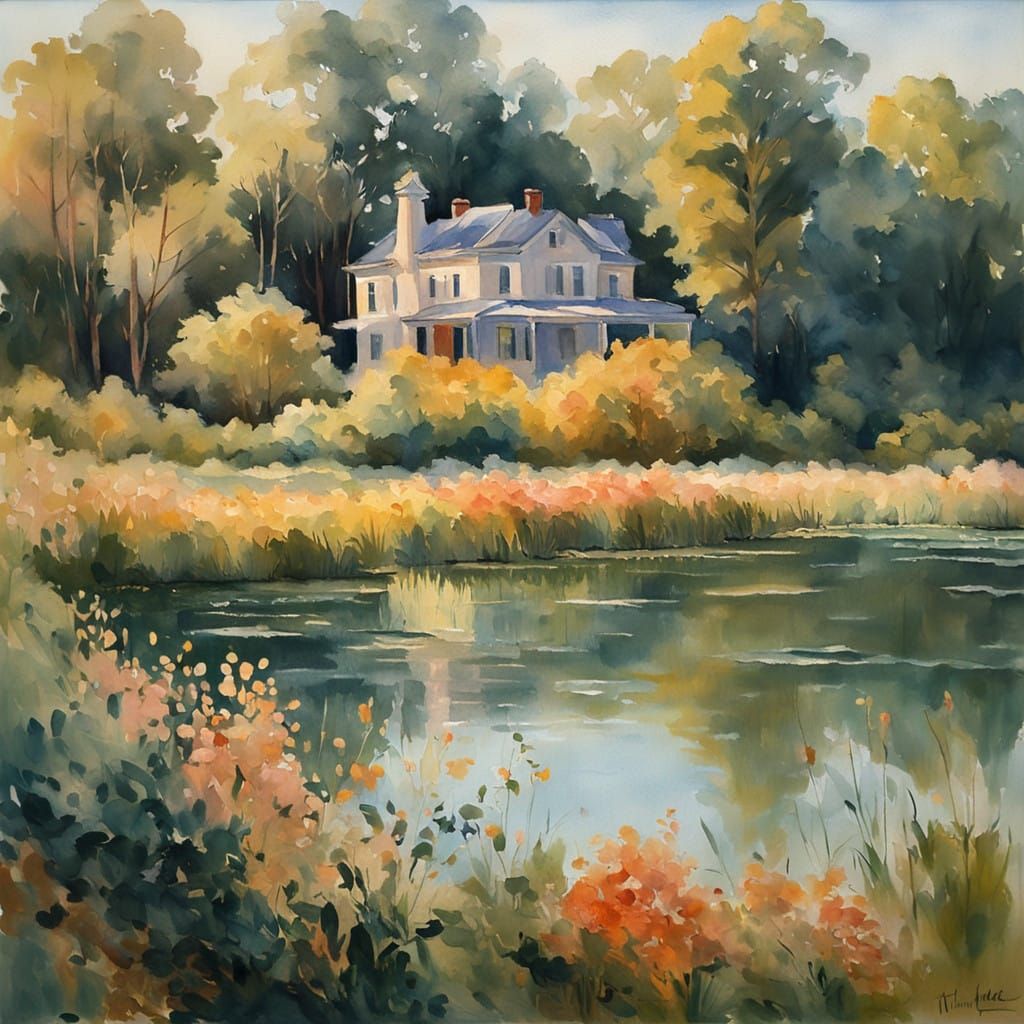 Elegant Old Mansion on Lake Shore at Dawn, Impressionist Sty...