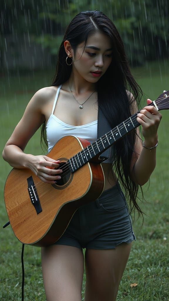Korean Woman Playing Guitar in Rain, Moody Intimate Scene