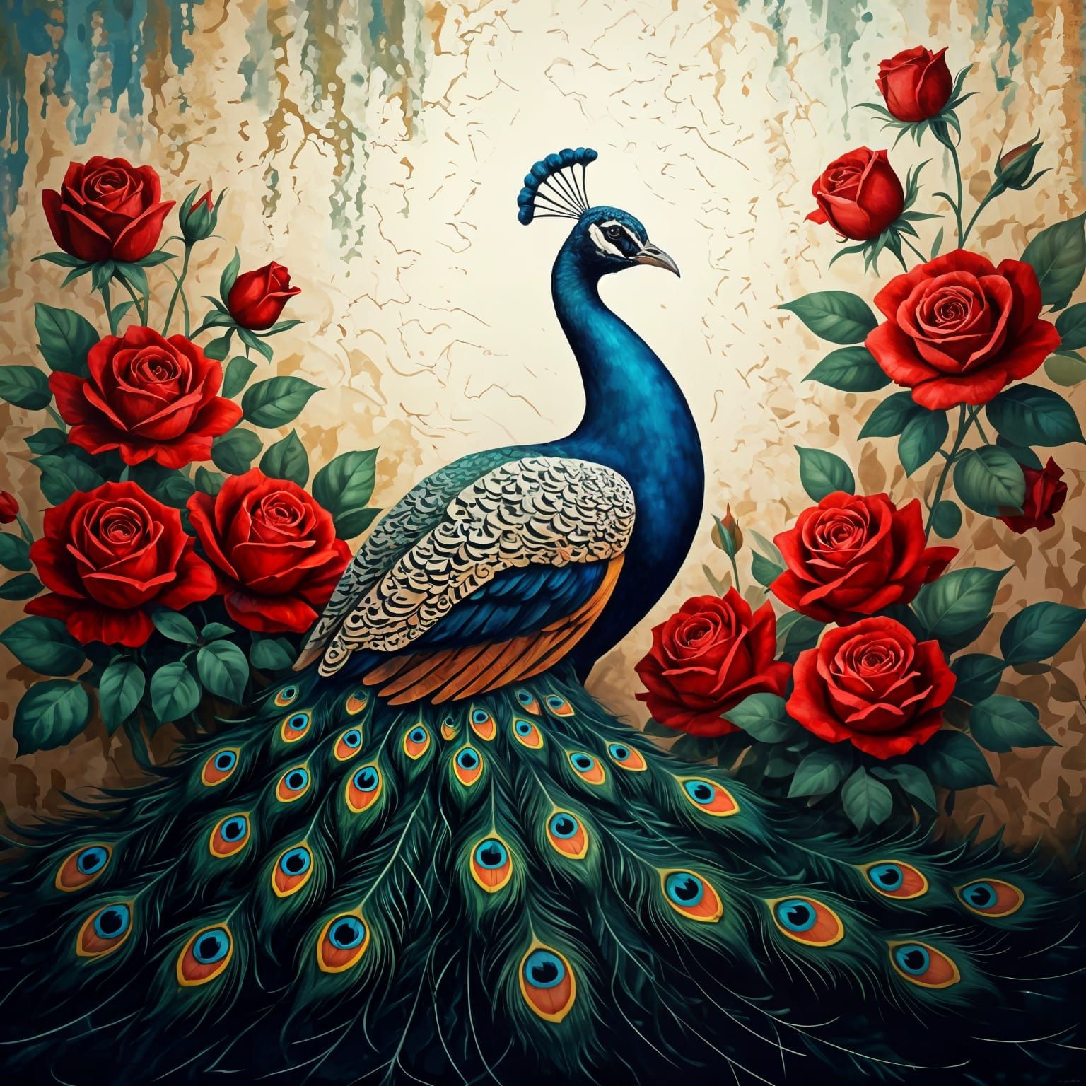 Elegant Peacock with Red Roses on Stucco