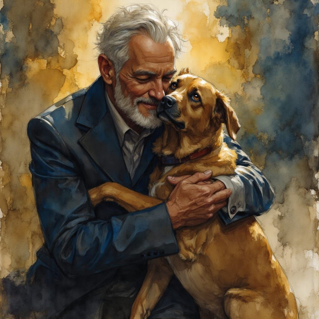 Happy Old Man Hugging Dog: Gouache and Watercolour