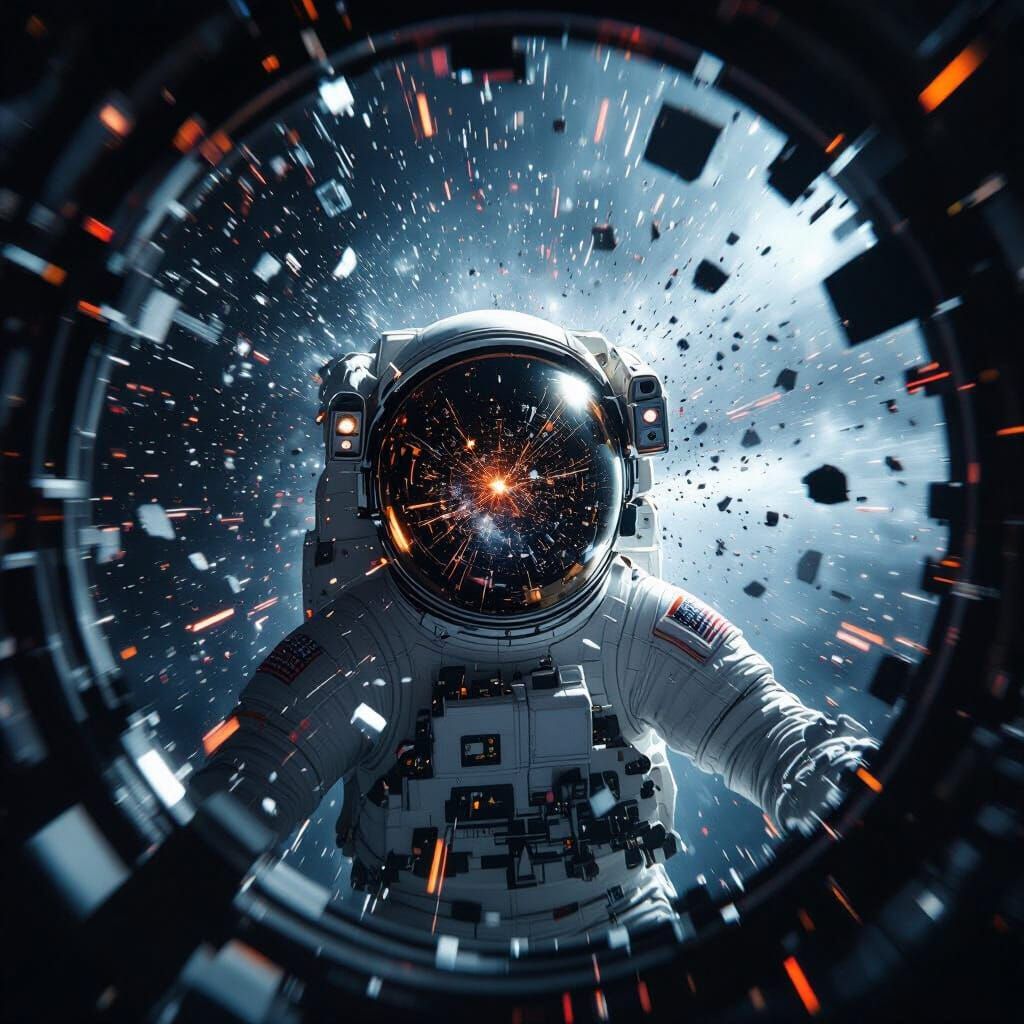 Shattered Spacecraft Spins in Zero-G: Hyperrealistic Sci-Fi