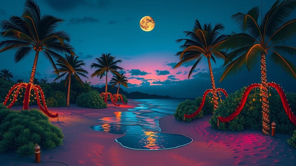 Lunar Beach Celebration in Whimsical Christmas Lights