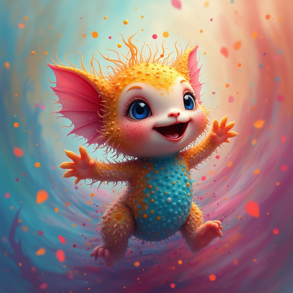 Vibrant Whimsy: A Kaleidoscopic Baby Monster Rises from Rain...