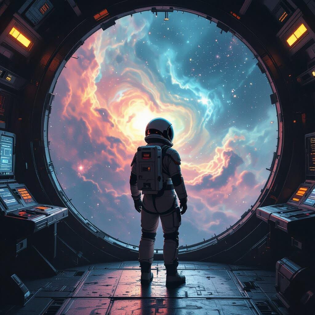 Astronaut Gazing at Nebula in Retro-Futuristic Sci-Fi Style
