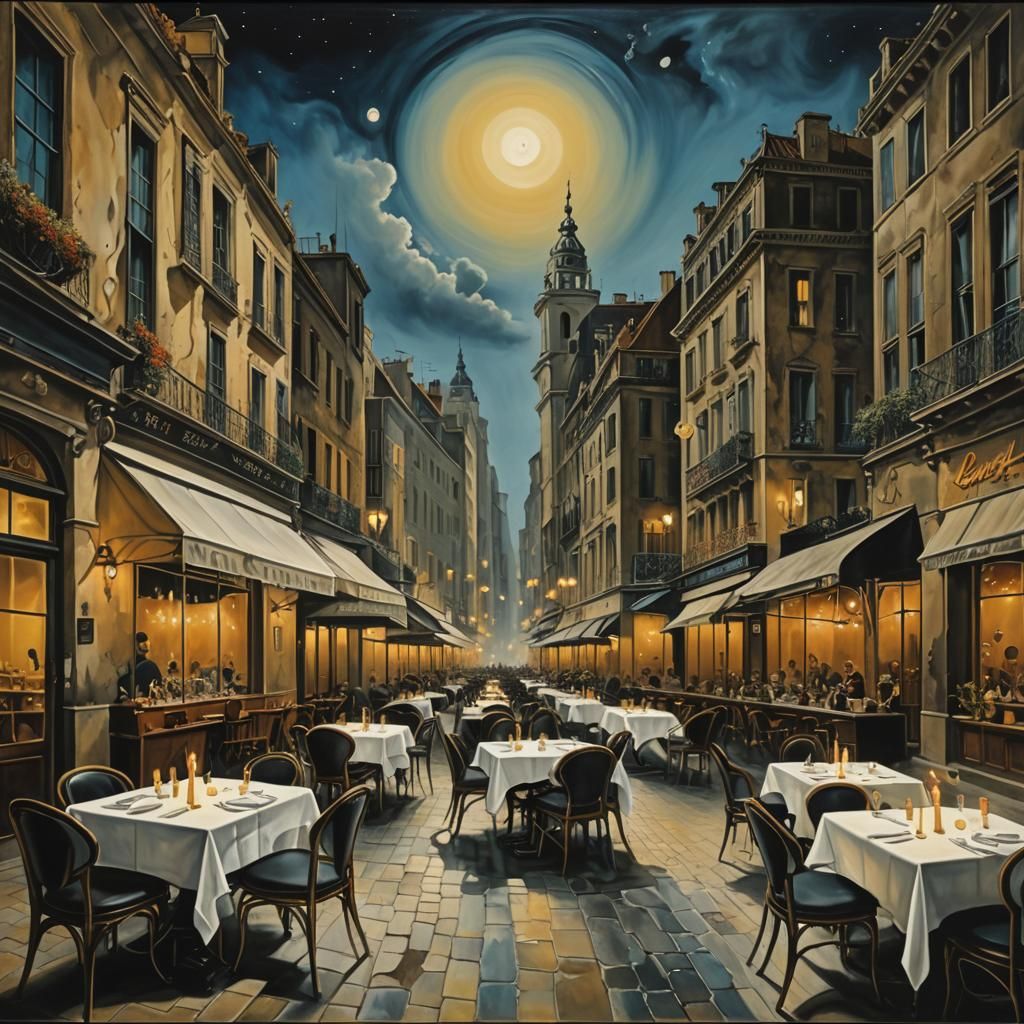 Surreal Cafe at Night: A Dali-esque Cityscape