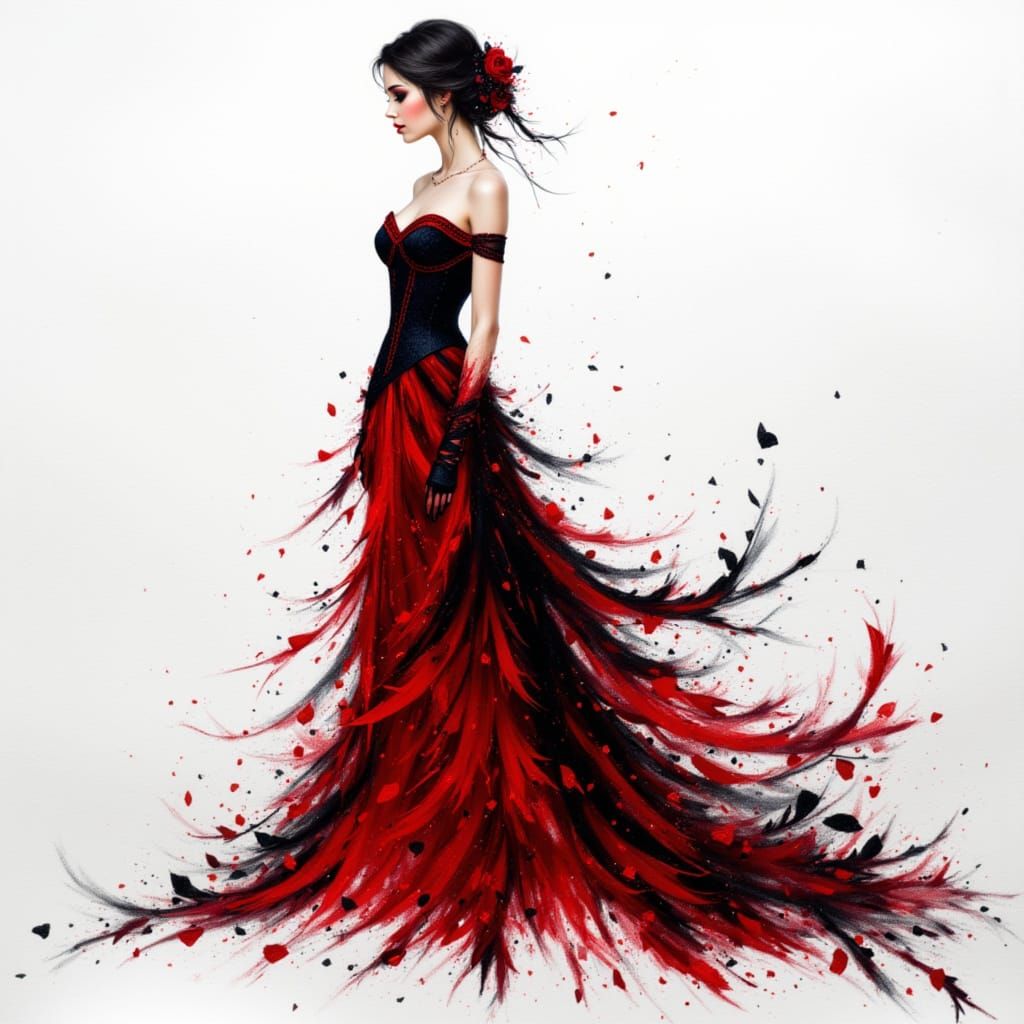 Gothic Red Black Wedding Dress Design Sketch
