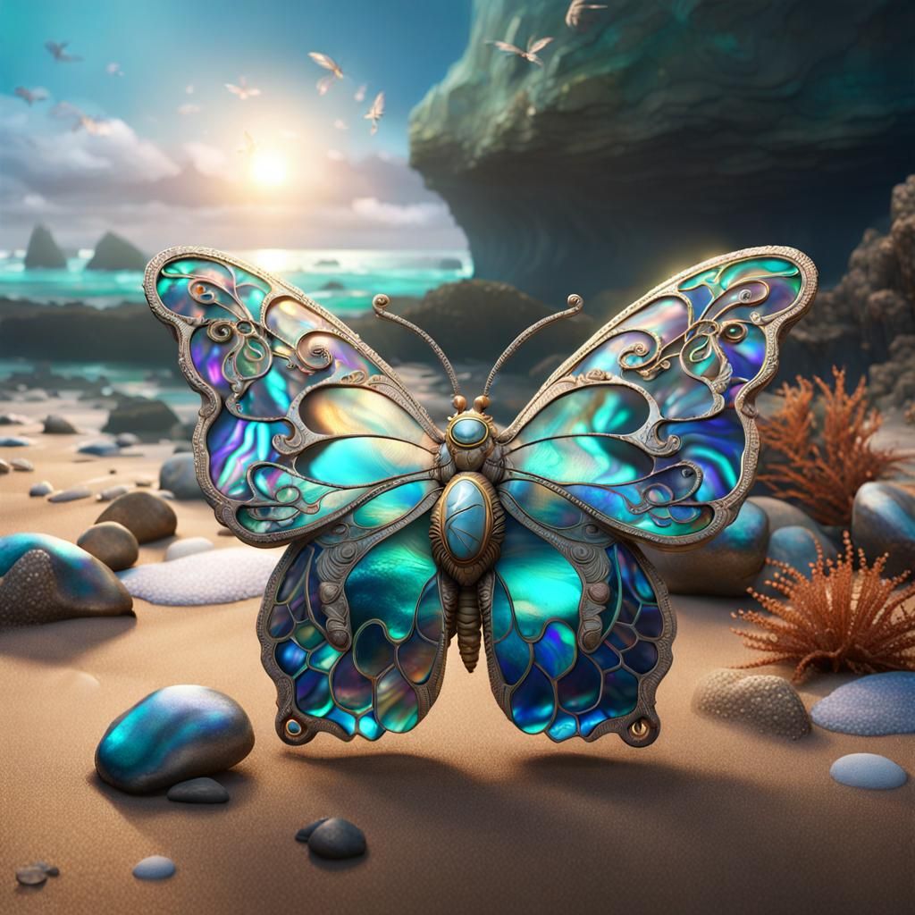 Abalone Butterfly on the Beach: Detailed Digital Painting