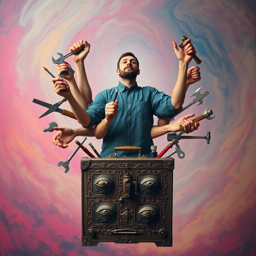 Multi-Handed Handyman in Surreal Psychedelic Dreamscape