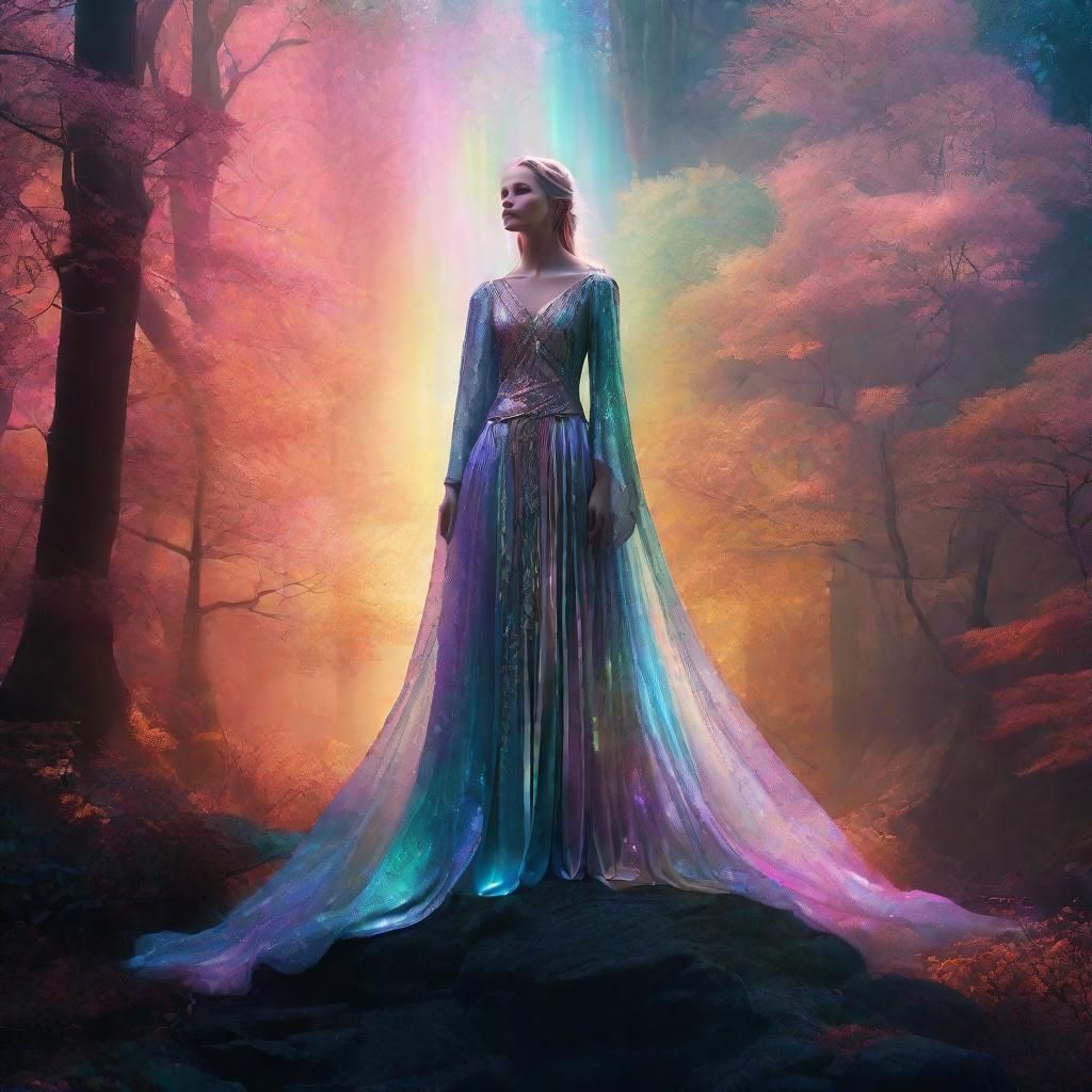 Regal Woman in Iridescent Forest: Fantasy Art