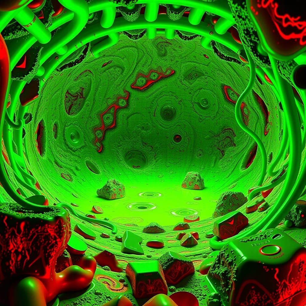 Green Moon Crater Landscape with Chromatic Pipes