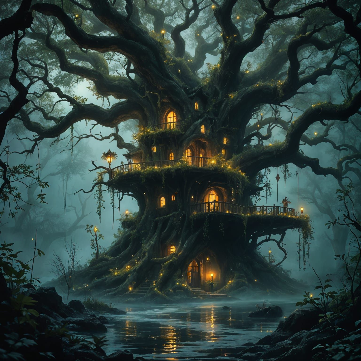 Fantasy Treehouse Amidst an Enchanted Swamp