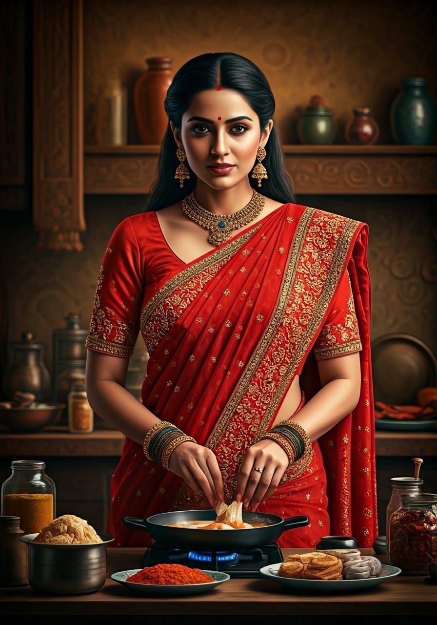 Traditional Indian Woman Cooking Butter Chicken in Cozy Kitc...