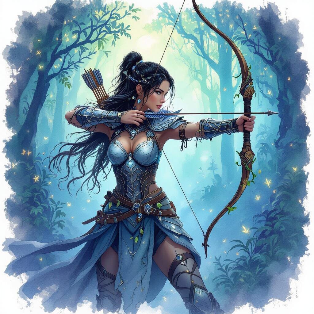 Archer Woman Warrior in Bioluminescent Forest