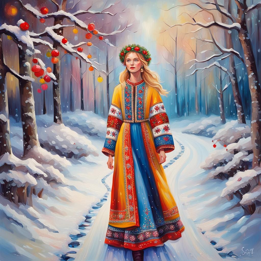 Russian Model in Snowy Wonderland: Triadic Color Oil Paintin...