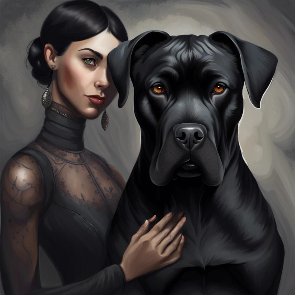 Cane Corso Dog and Woman with Black Hair