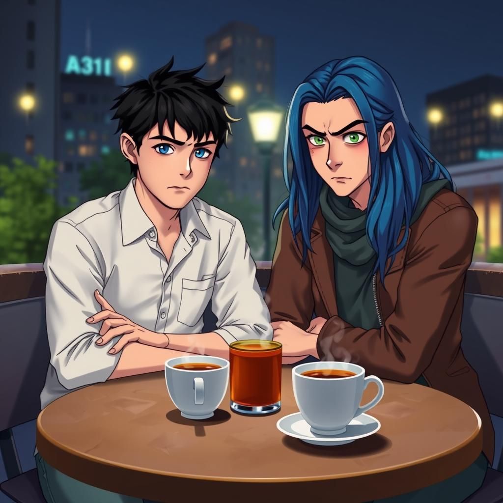 Two Young Men Share Tea at Night