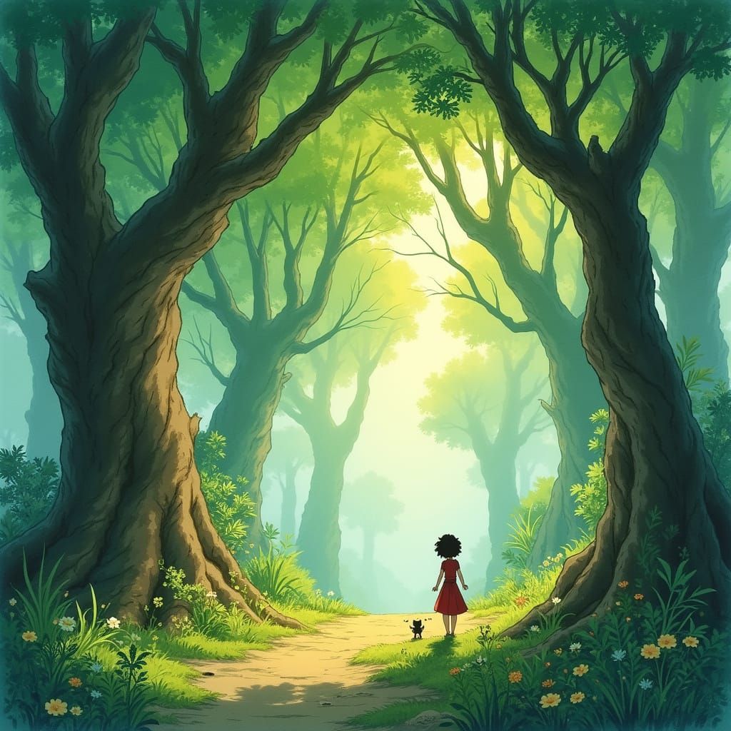 Whimsical Ghibli-Inspired Forest Scene with Lush Greenery an...