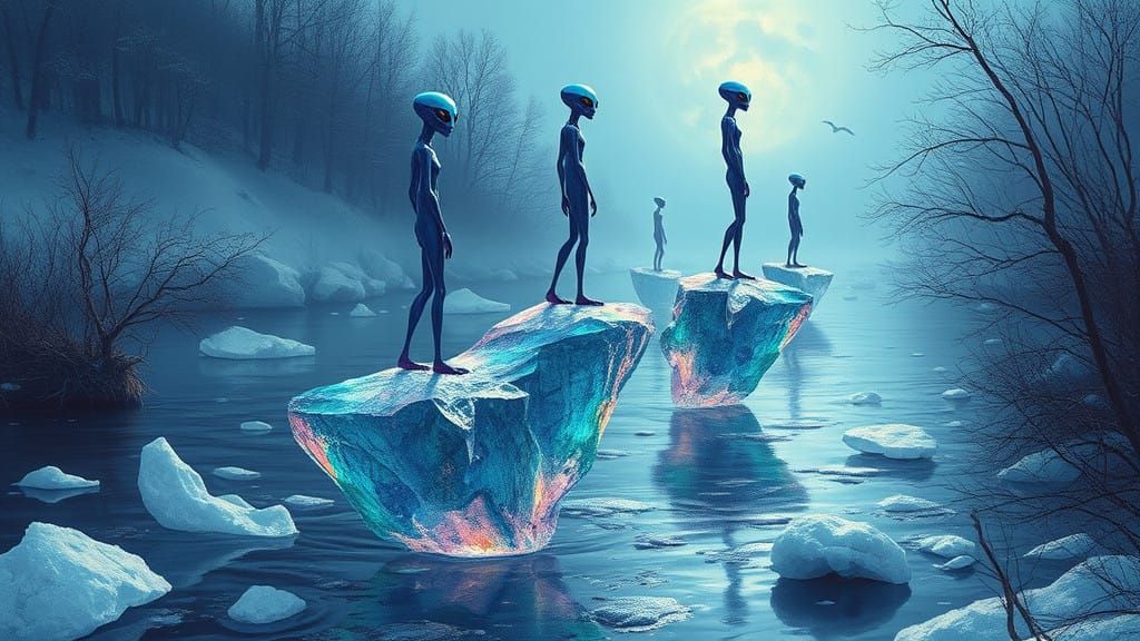 Surreal Aliens Unite in Ethereal Ice Landscape