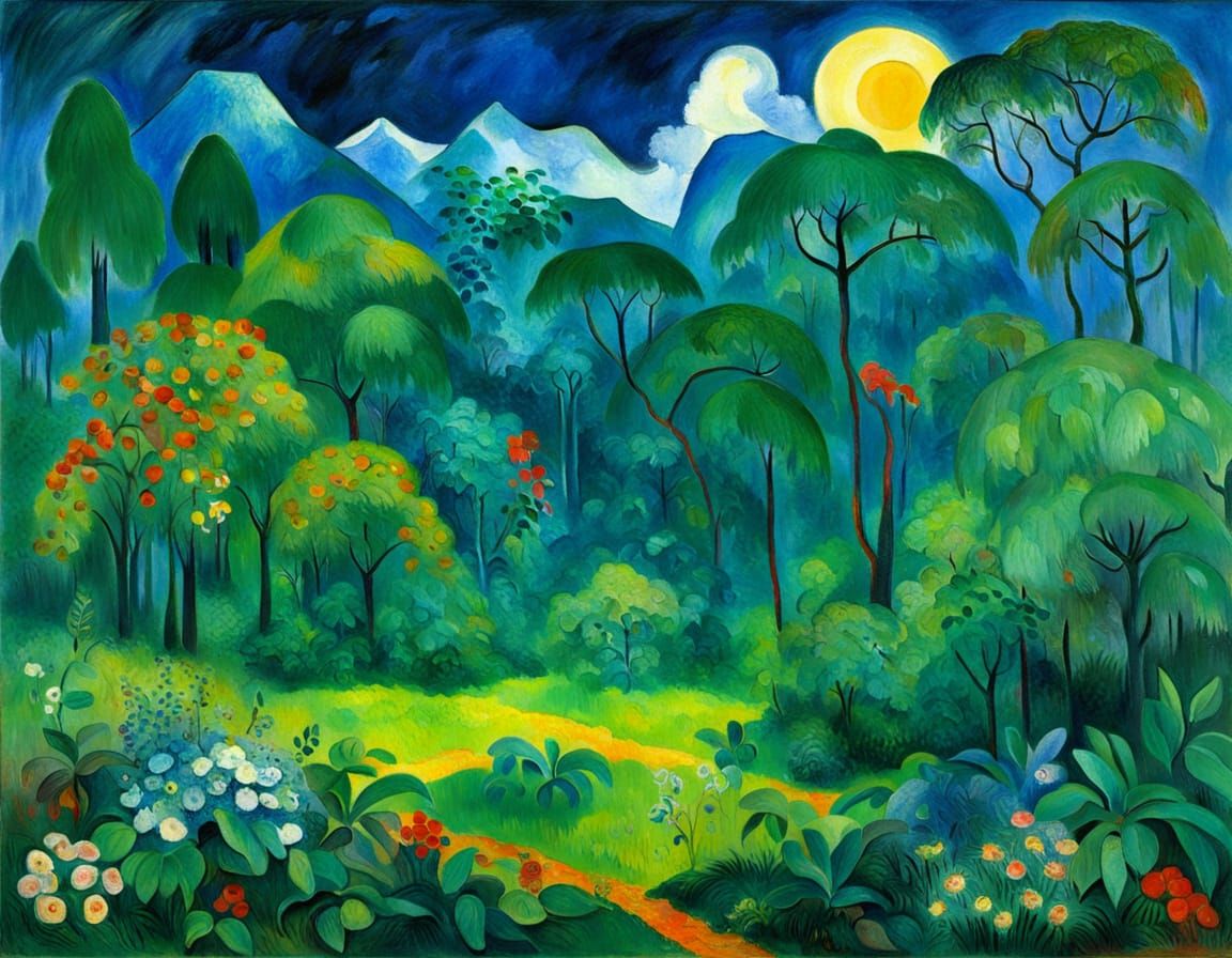 Vibrant Spring Rainforest in Gauguin's Dreamlike Style