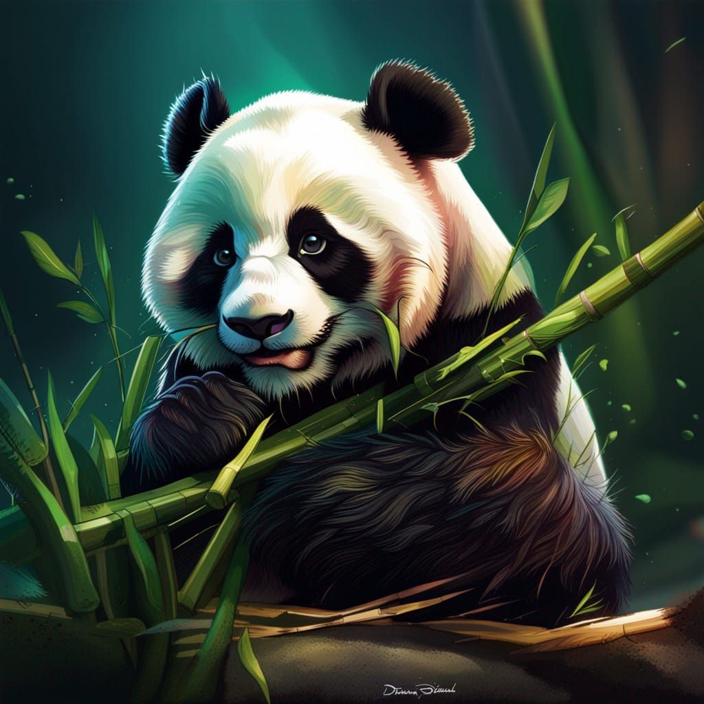 Adorable Panda Eating Bamboo in Hyperrealistic Splash Art