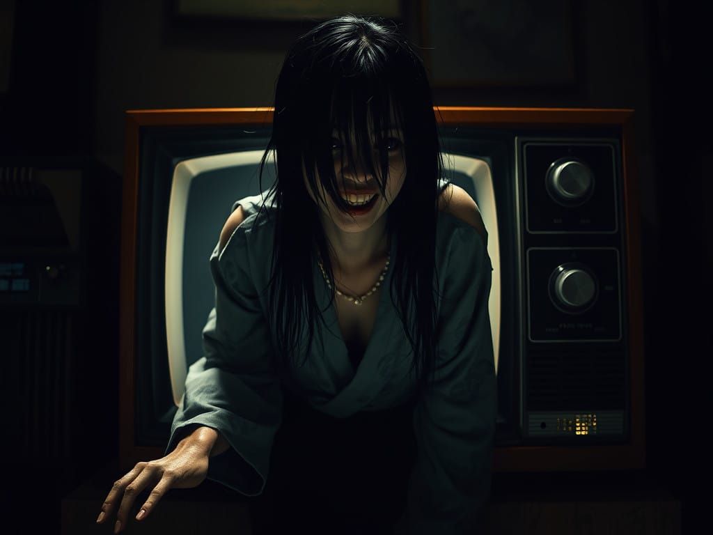 Demonic Woman Emerges from TV in a Haunting Liminal Space