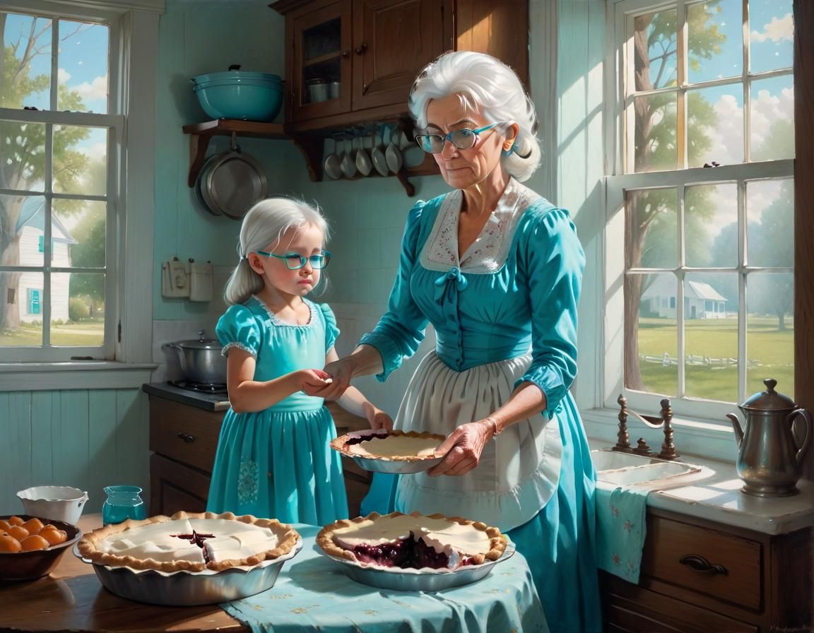 Heartwarming Colonial Scene: Grandma Serving Pie