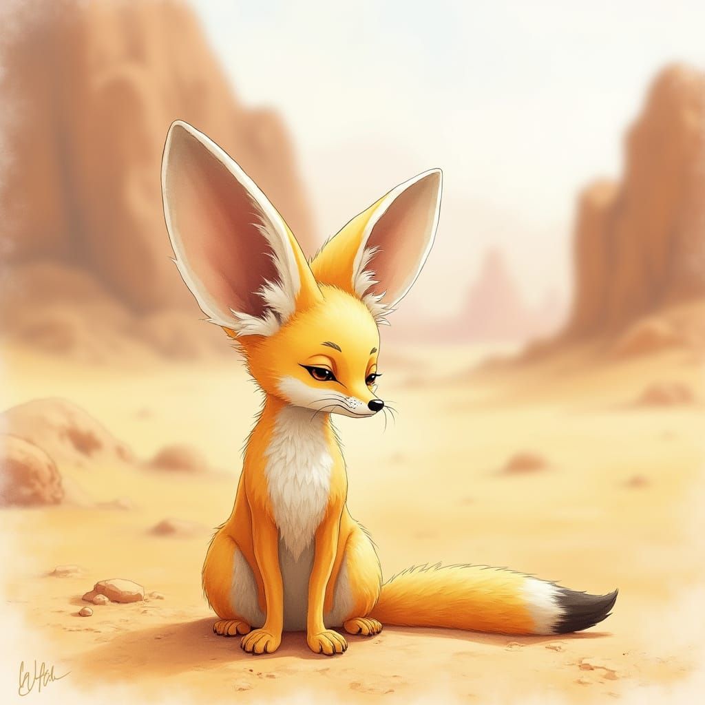 Whimsical Desert Fennec Fox in Watercolor Style