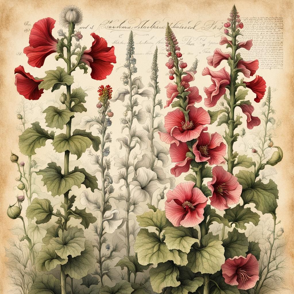 Hollyhock Botanical Ink Illustration in Haeckel Style