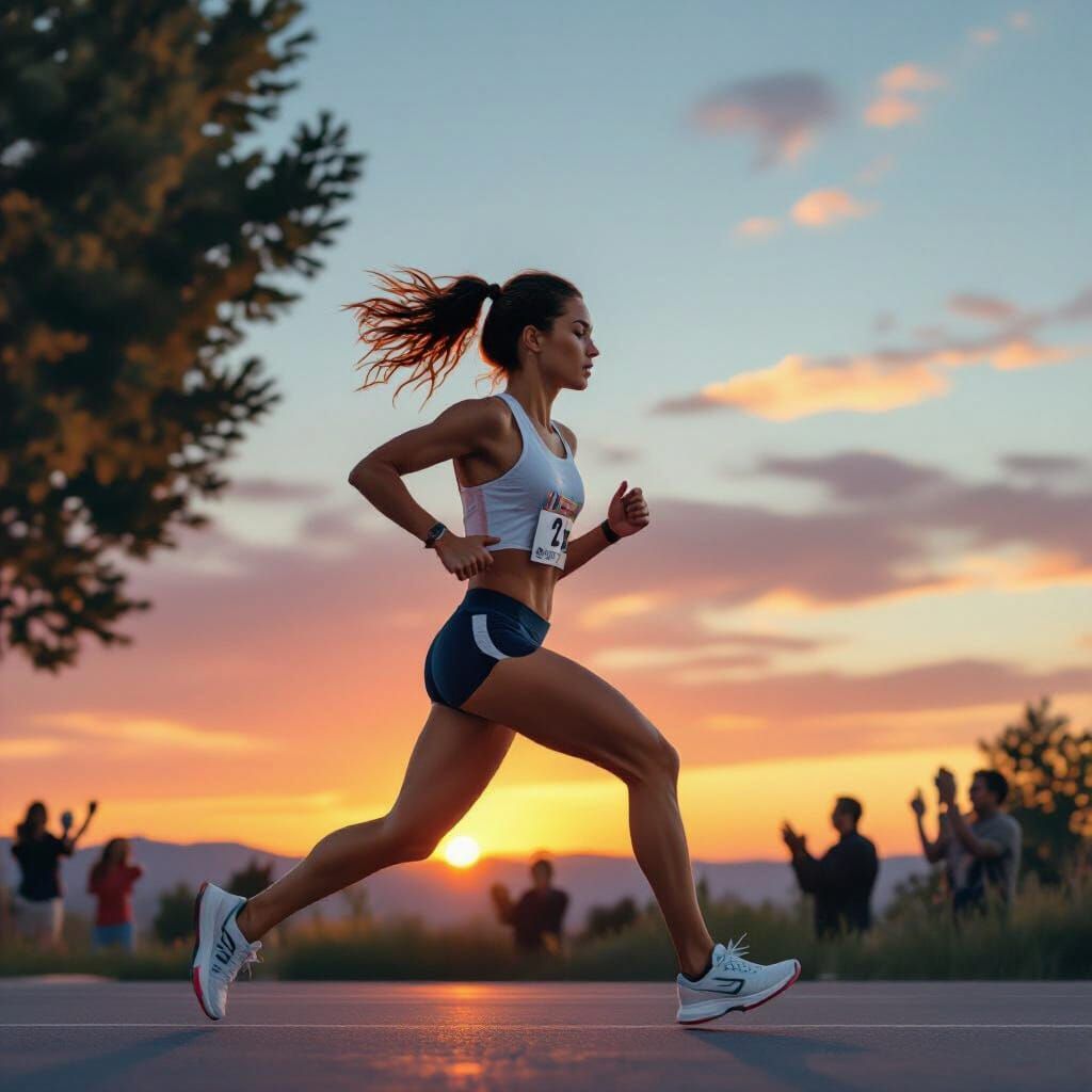 Athlete Running in Sunset, Hyperrealistic Sci-Fi Art