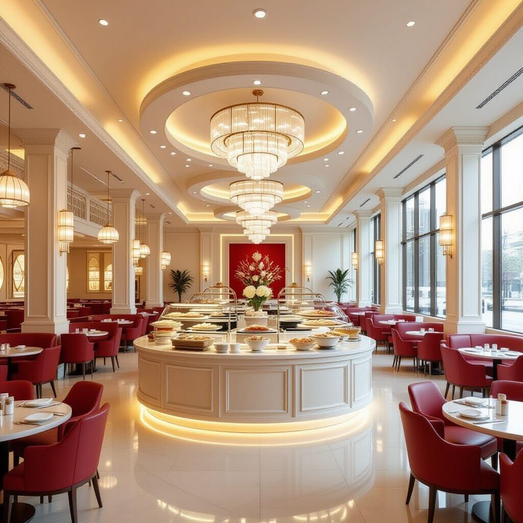 Elegant Asian Restaurant Interior with Buffet