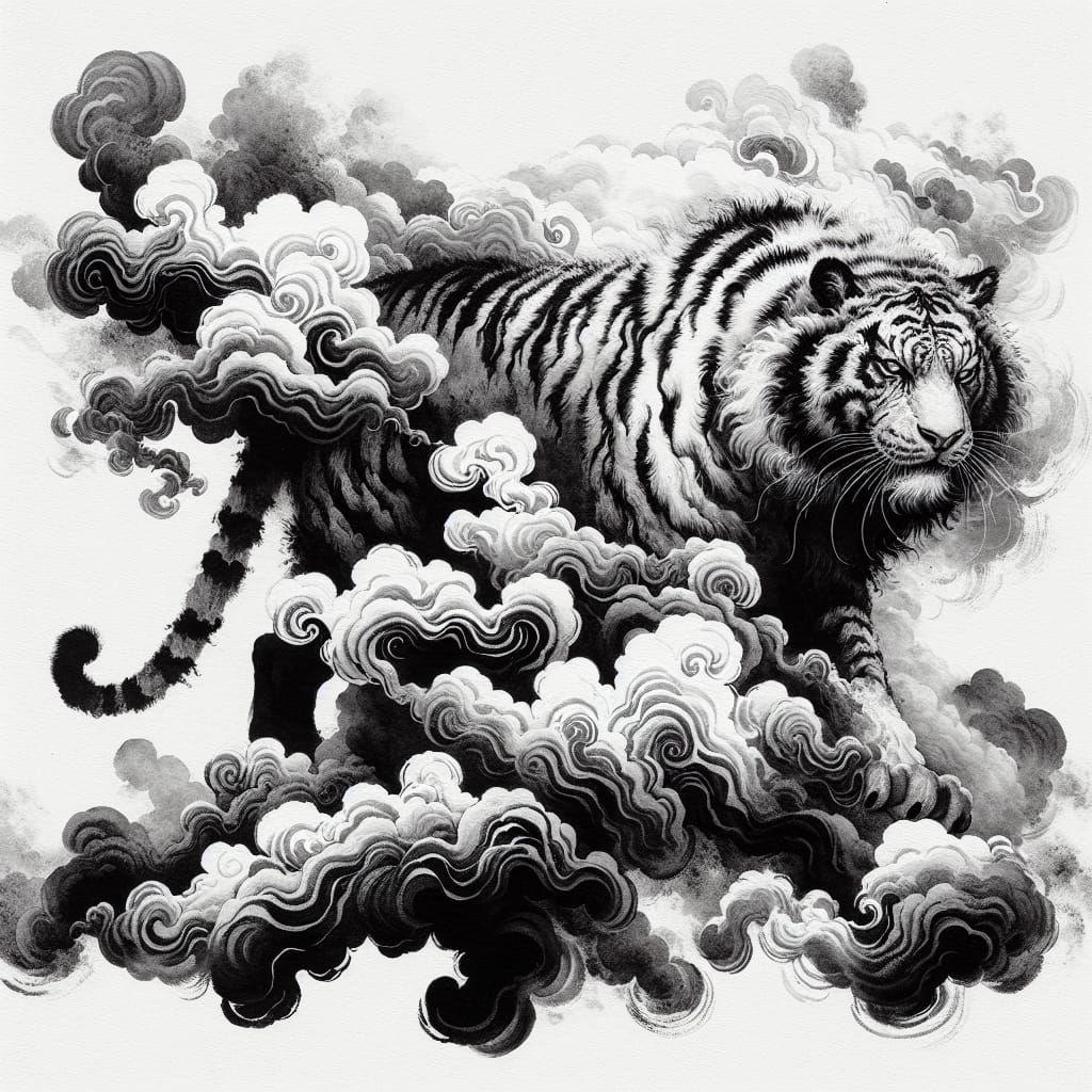Monochrome Tiger in Clouds with Color Accents