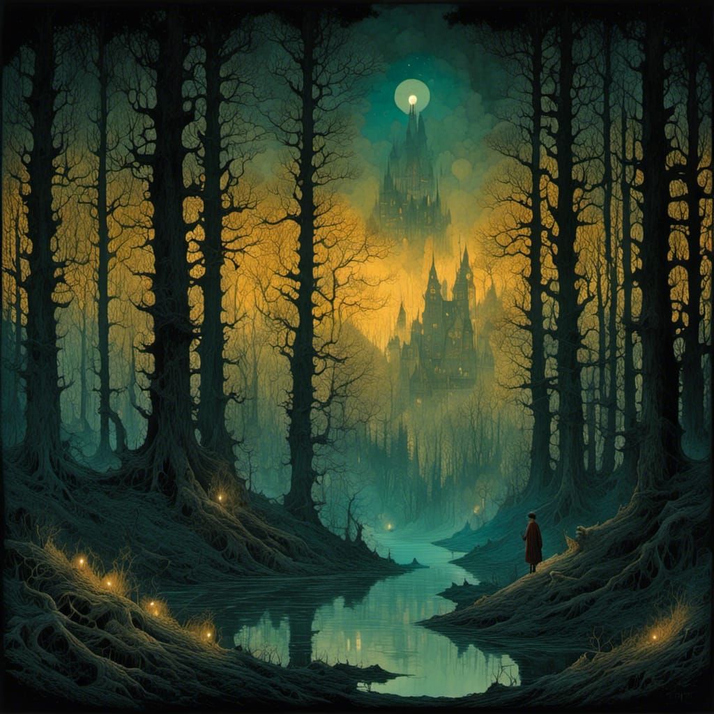 Eerie Forest Encounter in Symbolist Style