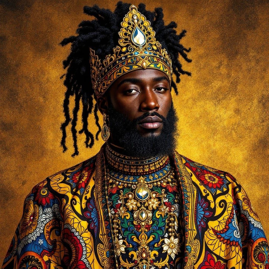 Regal Figure Adorned with Vibrant Afrocentric Patterns