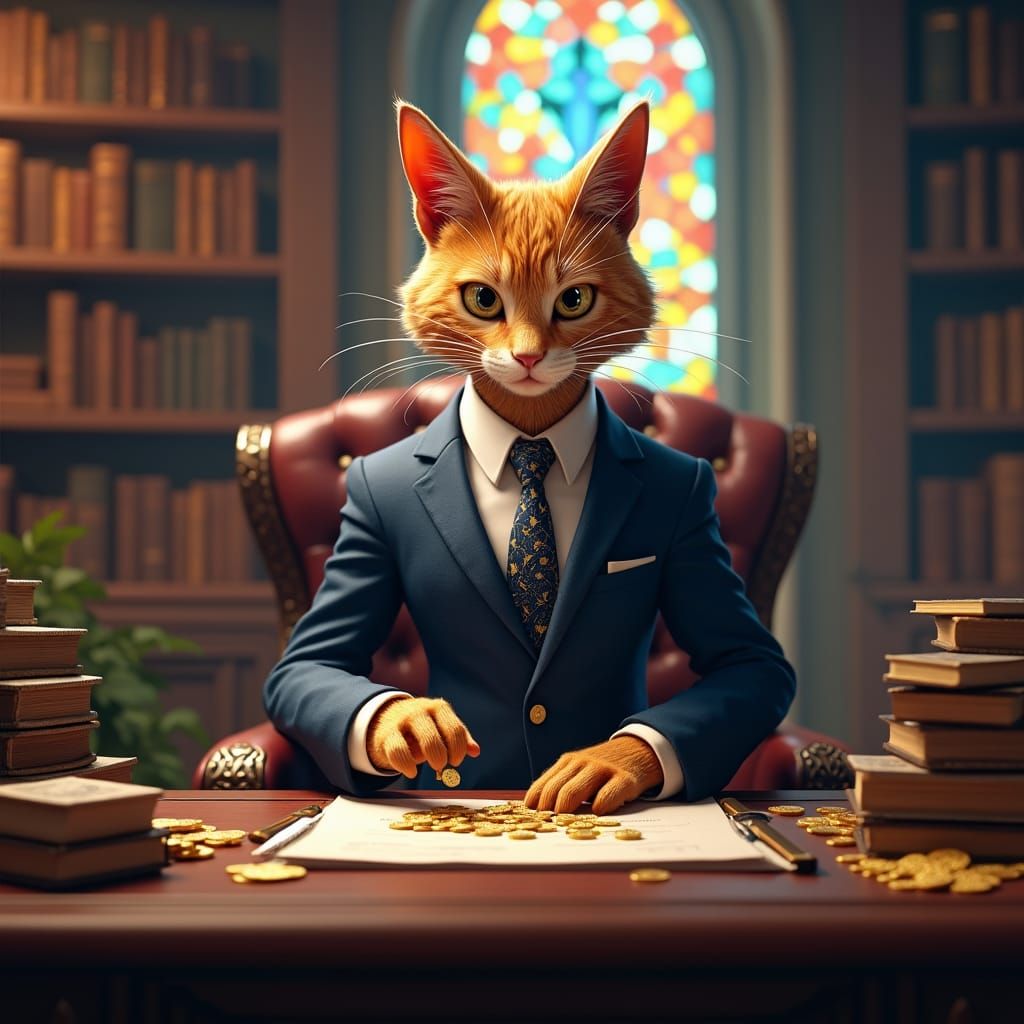 Cat in Business Suit Counting Money