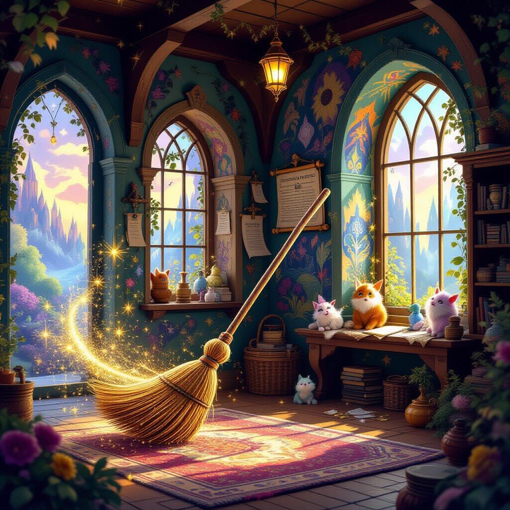 A magical broom is sweeping across a vibrant, enchanted home...