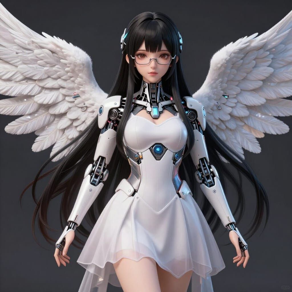 Angelic Woman with Cybernetic Wings in 3D Anime Style