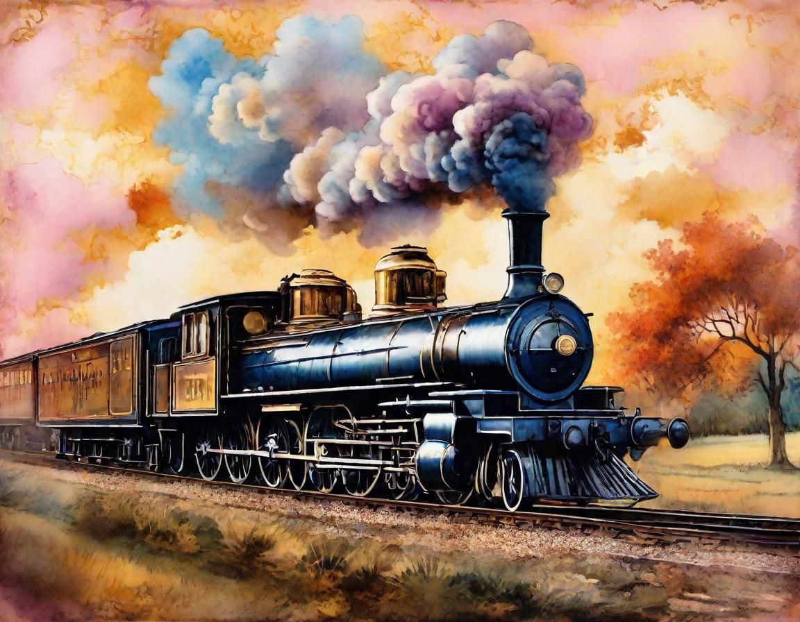 Classic Steam Train in Dreamlike Ink Painting Style