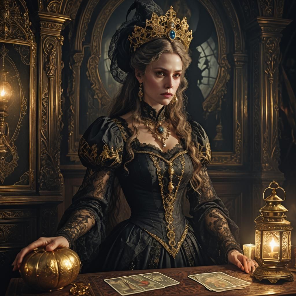 Victorian Witch Offers Tarot Card in Dark Academia Style