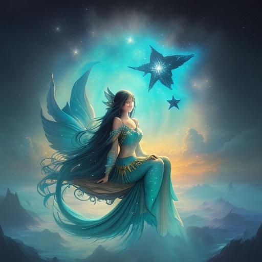 Mermaid Girl with Star Eyes in Ethereal World