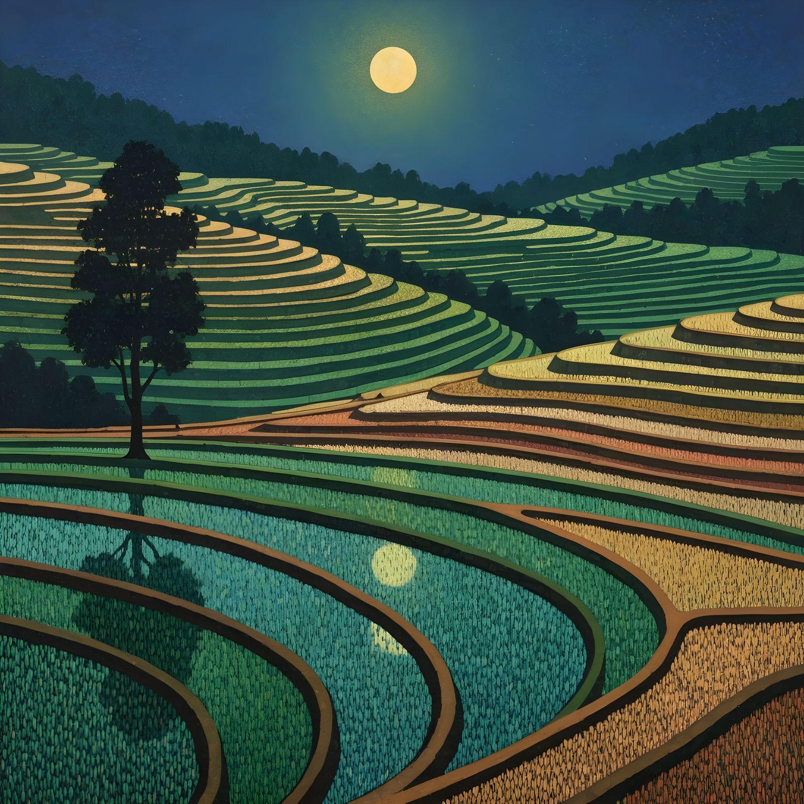 Contemplative Landscape Painting of Terraced Fields Under Fu...